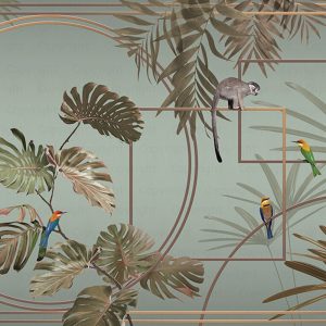 Modern Tropical Jungle Wallpaper Mural with Monkeys and Exotic Birds
