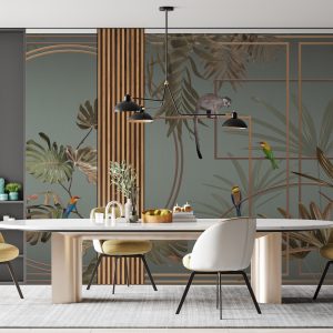 Modern Tropical Jungle Wallpaper Mural with Monkeys and Exotic Birds