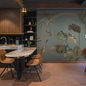 Modern Tropical Jungle Wallpaper Mural with Monkeys and Exotic Birds