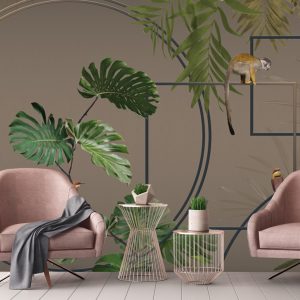Modern Tropical Jungle Wallpaper Mural with Monkeys and Exotic Birds