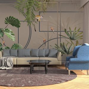 Modern Tropical Jungle Wallpaper Mural with Monkeys and Exotic Birds