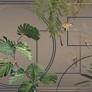 Modern Tropical Jungle Wallpaper Mural with Monkeys and Exotic Birds