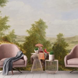 Vintage Scenic Wallpaper Mural with Elephant Ride and Serene Countryside Landscape