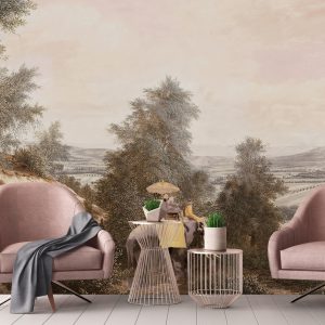 Vintage Scenic Wallpaper Mural with Elephant Ride and Serene Countryside Landscape