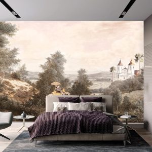 Vintage Scenic Wallpaper Mural with Elephant Ride and Serene Countryside Landscape