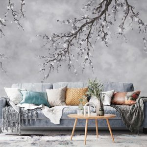 Elegant Cherry Blossom Branch Wallpaper Mural - Minimalist Floral Design for Serene Interiors