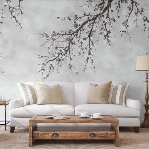 Elegant Cherry Blossom Branch Wallpaper Mural - Minimalist Floral Design for Serene Interiors