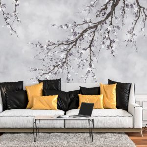 Elegant Cherry Blossom Branch Wallpaper Mural - Minimalist Floral Design for Serene Interiors