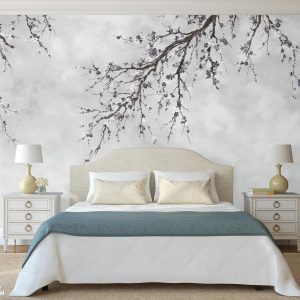 Elegant Cherry Blossom Branch Wallpaper Mural - Minimalist Floral Design for Serene Interiors