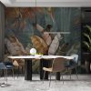 Lush Tropical Forest Mural with Vibrant Palms and Parrot