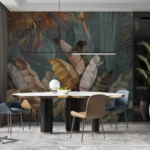 Lush Tropical Forest Mural with Vibrant Palms and Parrot