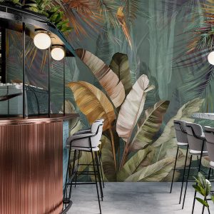 Lush Tropical Forest Mural with Vibrant Palms and Parrot