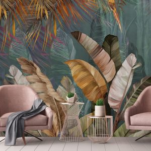 Lush Tropical Forest Mural with Vibrant Palms and Parrot
