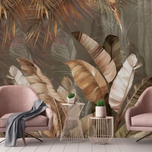 Lush Tropical Forest Mural with Vibrant Palms and Parrot