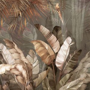 Lush Tropical Forest Mural with Vibrant Palms and Parrot