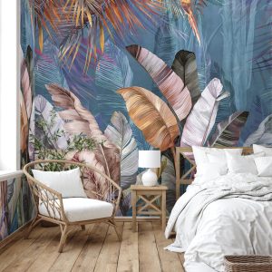Lush Tropical Forest Mural with Vibrant Palms and Parrot