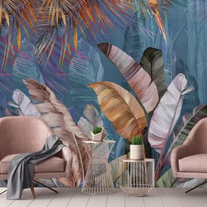 Lush Tropical Forest Mural with Vibrant Palms and Parrot