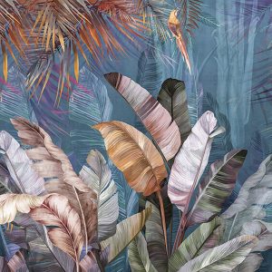 Lush Tropical Forest Mural with Vibrant Palms and Parrot