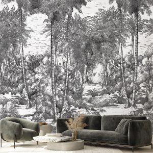 Monochrome Jungle Hand-Drawn Tropical Wallpaper Mural