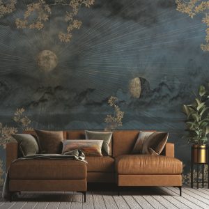 Celestial Night Sky Wallpaper Mural Golden Foliage Moon