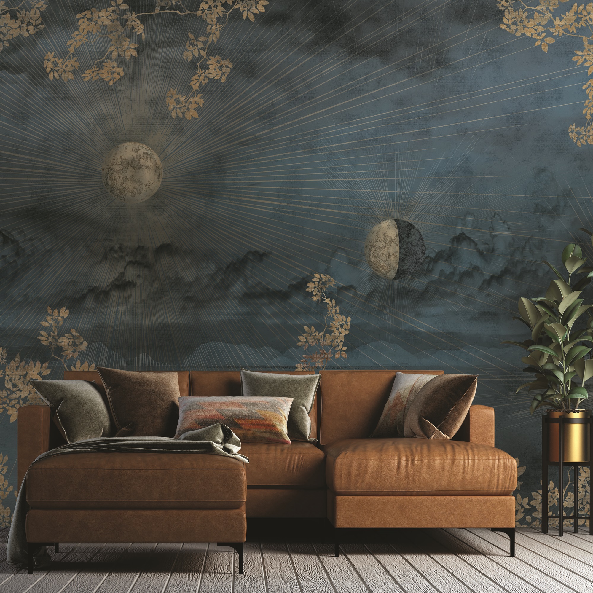 Celestial Night Sky Wallpaper Mural Golden Foliage Moon 2 Celestial Night Sky Wallpaper Mural Golden Foliage Moon