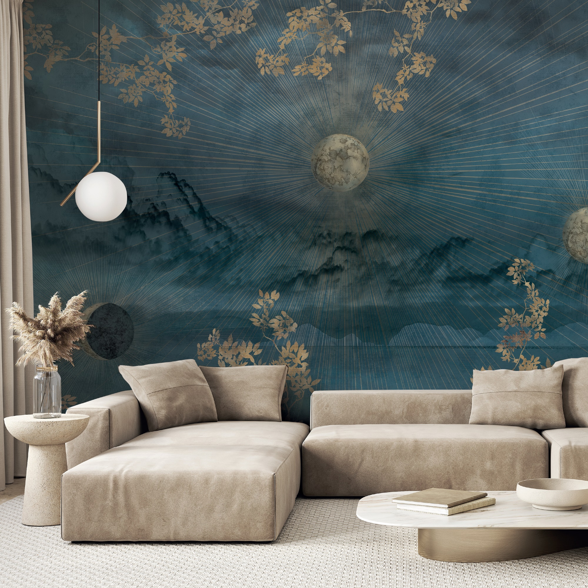 Celestial Night Sky Wallpaper Mural Golden Foliage Moon 3 Celestial Night Sky Wallpaper Mural Golden Foliage Moon