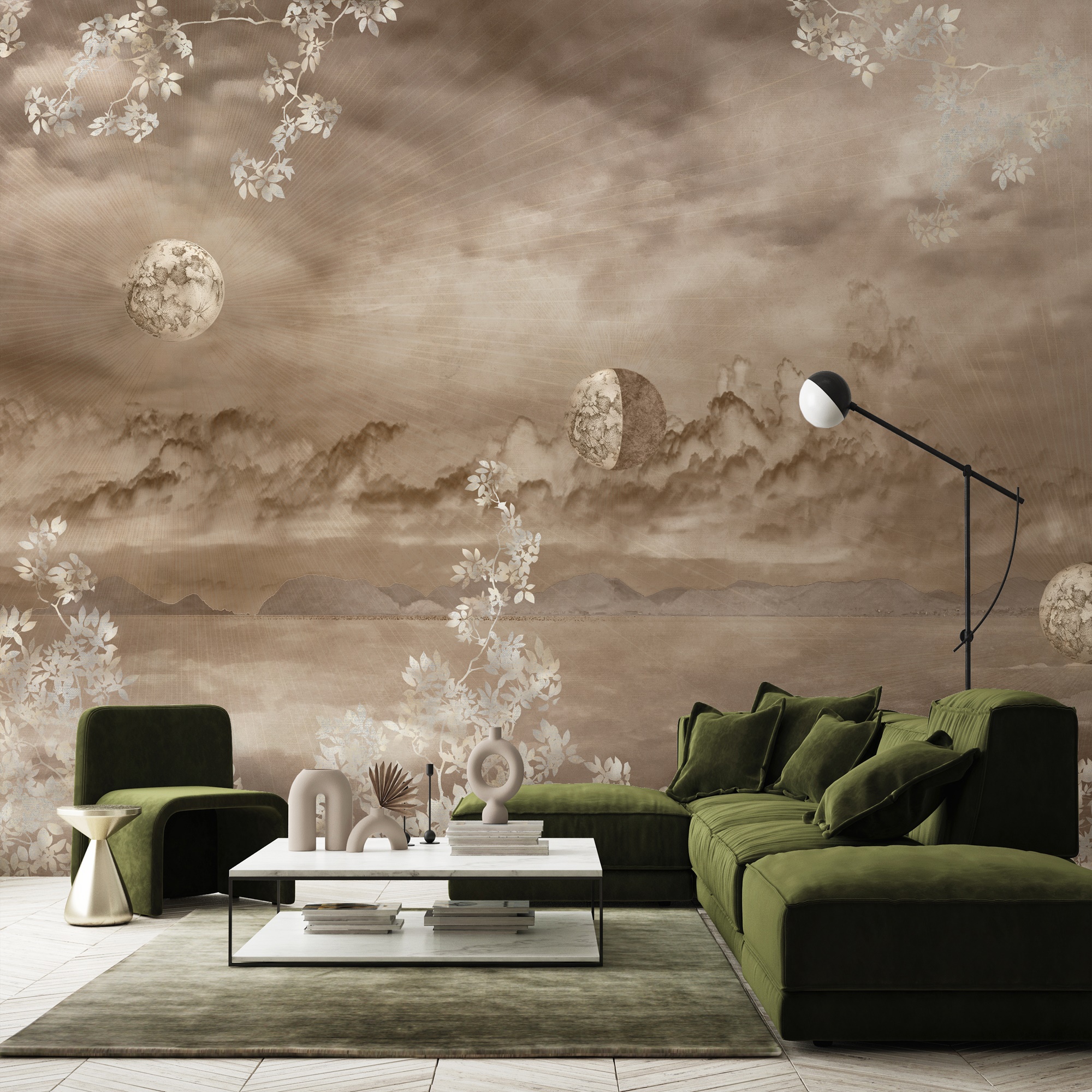 Celestial Night Sky Wallpaper Mural Golden Foliage Moon 6 Celestial Night Sky Wallpaper Mural Golden Foliage Moon