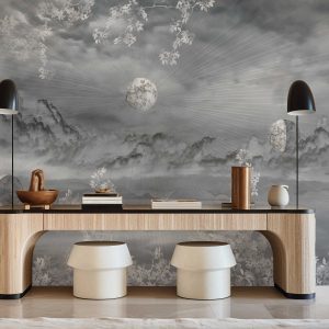 Celestial Night Sky Wallpaper Mural Golden Foliage Moon