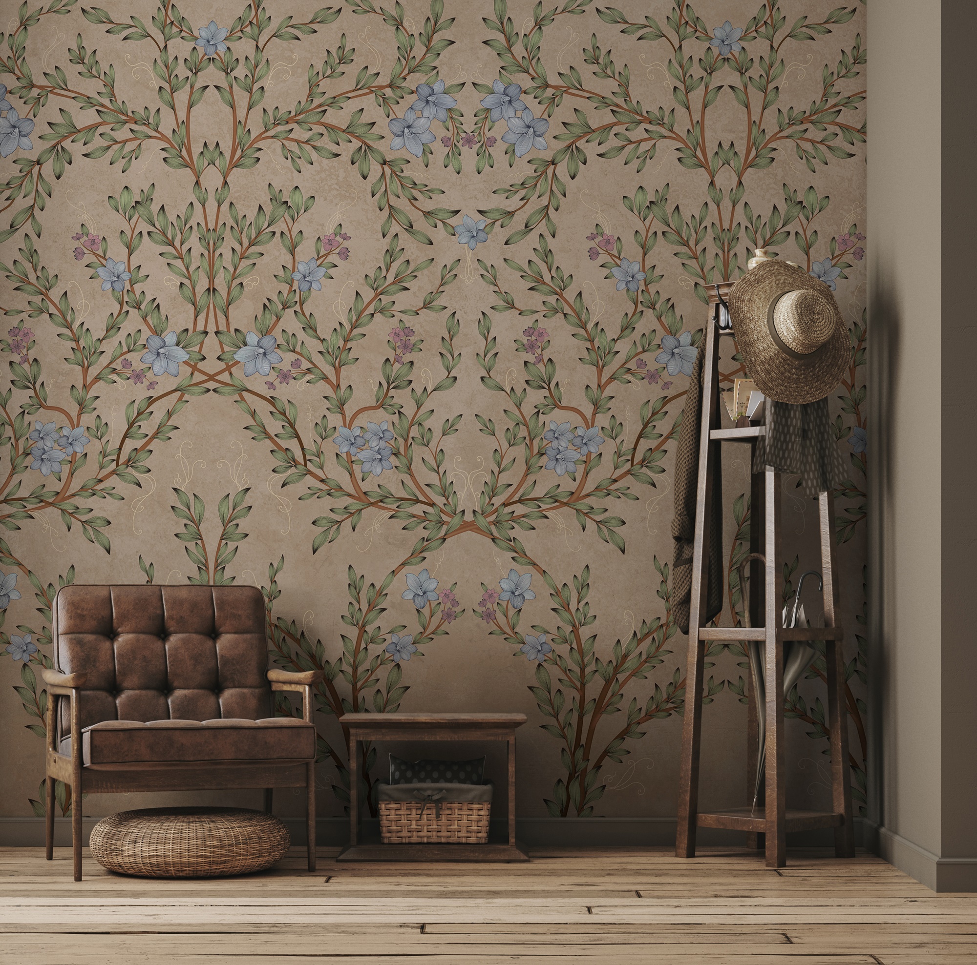 Vintage Branches Soft Blue Blooms Pattern Wallpaper Mural 3 Vintage Branches Soft Blue Blooms Pattern Wallpaper Mural