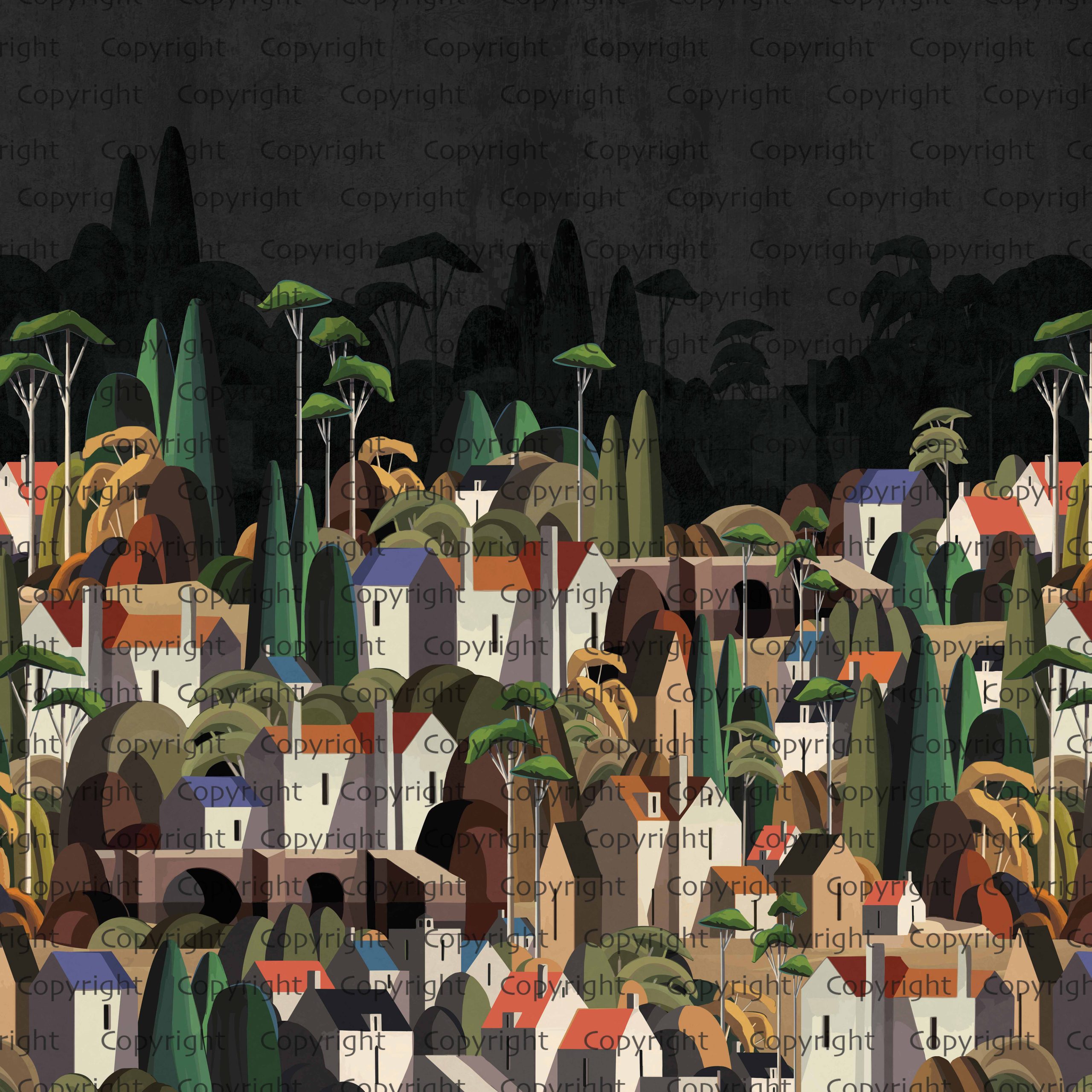 Moody Village Landscape Wallpaper Mural 1 Moody Village Landscape Wallpaper Mural