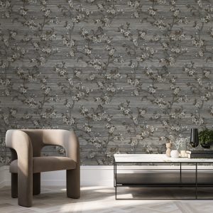 Flocked Botanical Blossom Pattern Stylish Floral Wallpaper