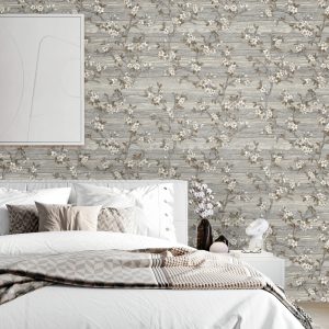 Flocked Botanical Blossom Pattern Stylish Floral Wallpaper