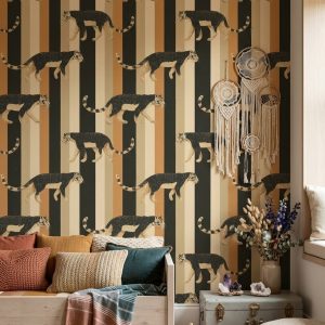 Wild Cat Wallpaper Striped Vintage Print Wall Mural